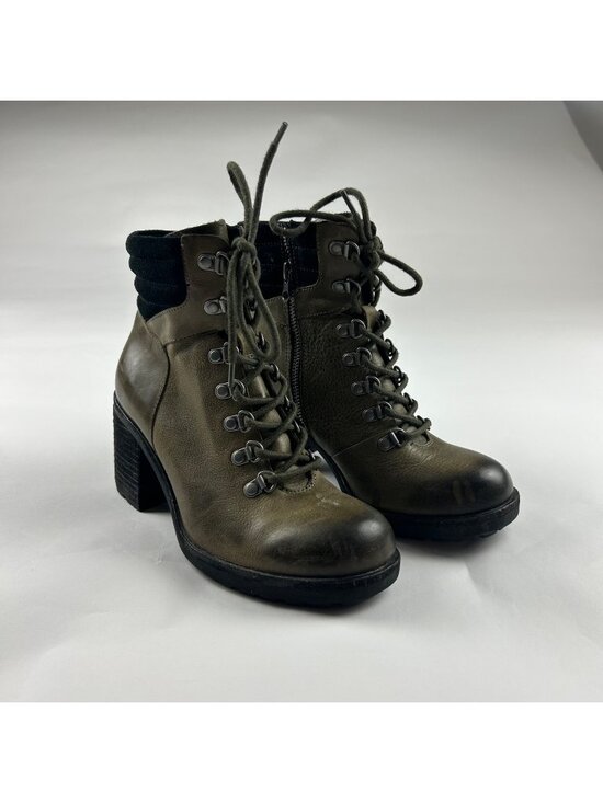 Kork-Ease Shoes - Kork Ease Distressed Olive Leather Lace Up Chunky Heel Ankle Boot 6M
